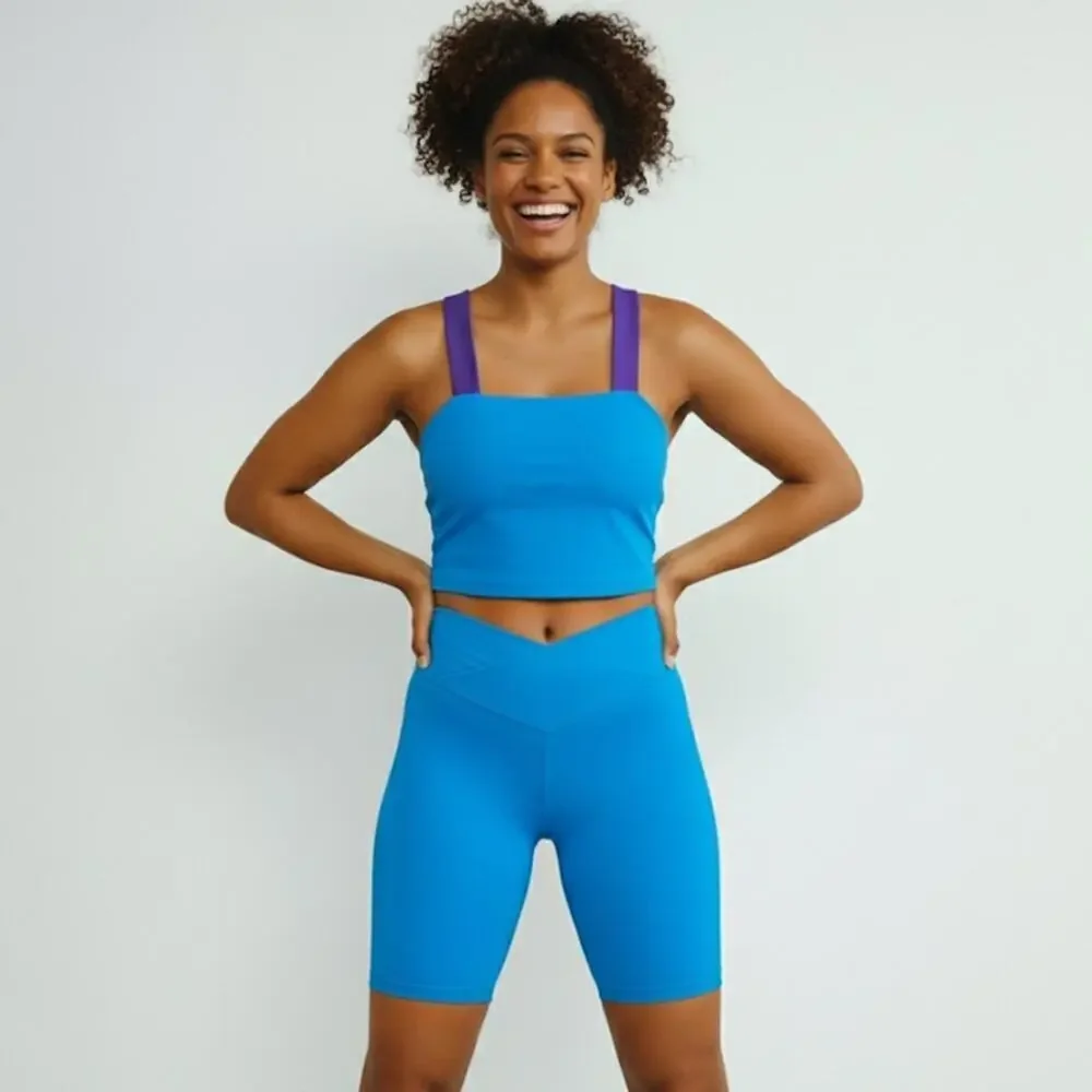 SET Theatricals dance 2 piece Purple blue Dancewear Crop Top Biker Shorts XS NWT